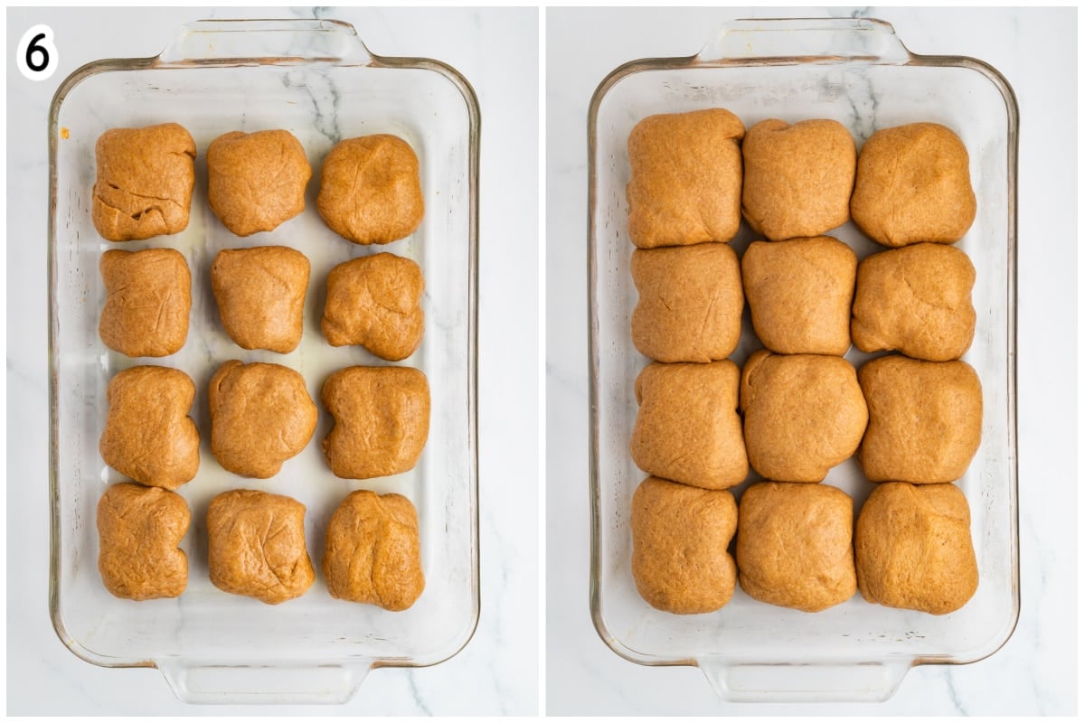 Step 6 collage showing shaped whole wheat dough balls arranged in a glass baking dish before rising on the left, and the same rolls risen and touching each other after proofing on the right.