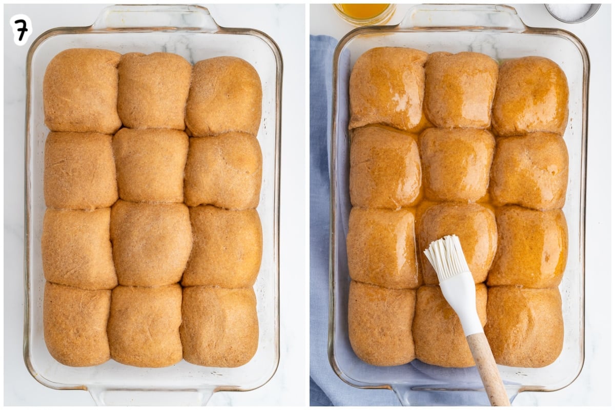 Step 7 collage showing freshly baked whole wheat rolls in a glass baking dish on the left, and the same rolls being brushed with melted butter using a pastry brush on the right.