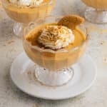 Single serving of pumpkin panna cotta in a scalloped glass dish on a white plate, topped with whipped cream, cookie crumbs, and a gingersnap cookie.