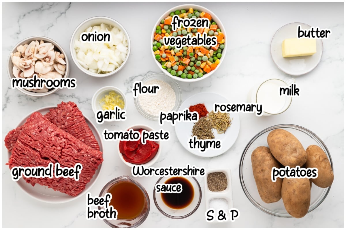 Labeled ingredients for cottage pie