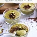 Pinterest graphic for egg-free pistachio pudding, showing glass cups of green pudding topped with cocoa and chopped pistachios.