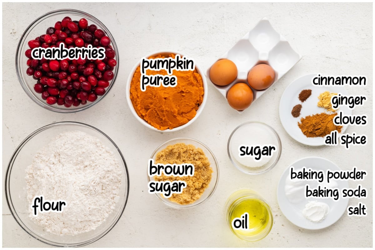 Labeled ingredients for pumpkin cranberry bread laid out on a white background.