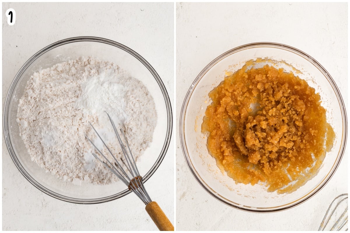 tep 1 of pumpkin cranberry bread: dry ingredients whisked in one glass bowl, brown sugar and oil combined in another.