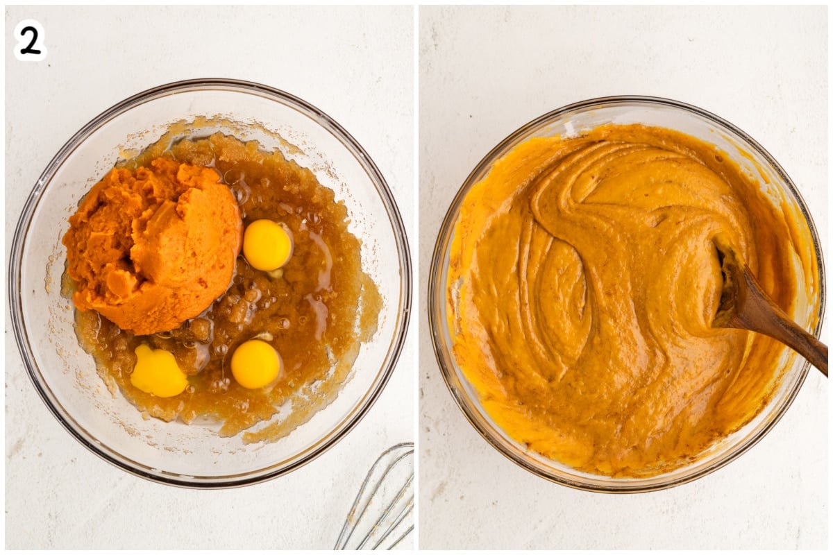 Step 2 of pumpkin cranberry bread: pumpkin and eggs added to the wet ingredients, then mixed until smooth.