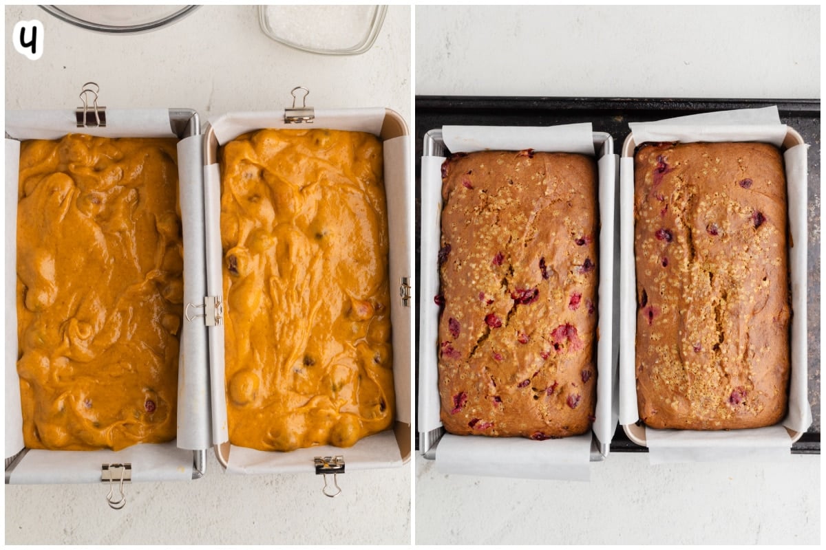 Step 4 of pumpkin cranberry bread: batter in loaf pans before and after baking to a golden brown.