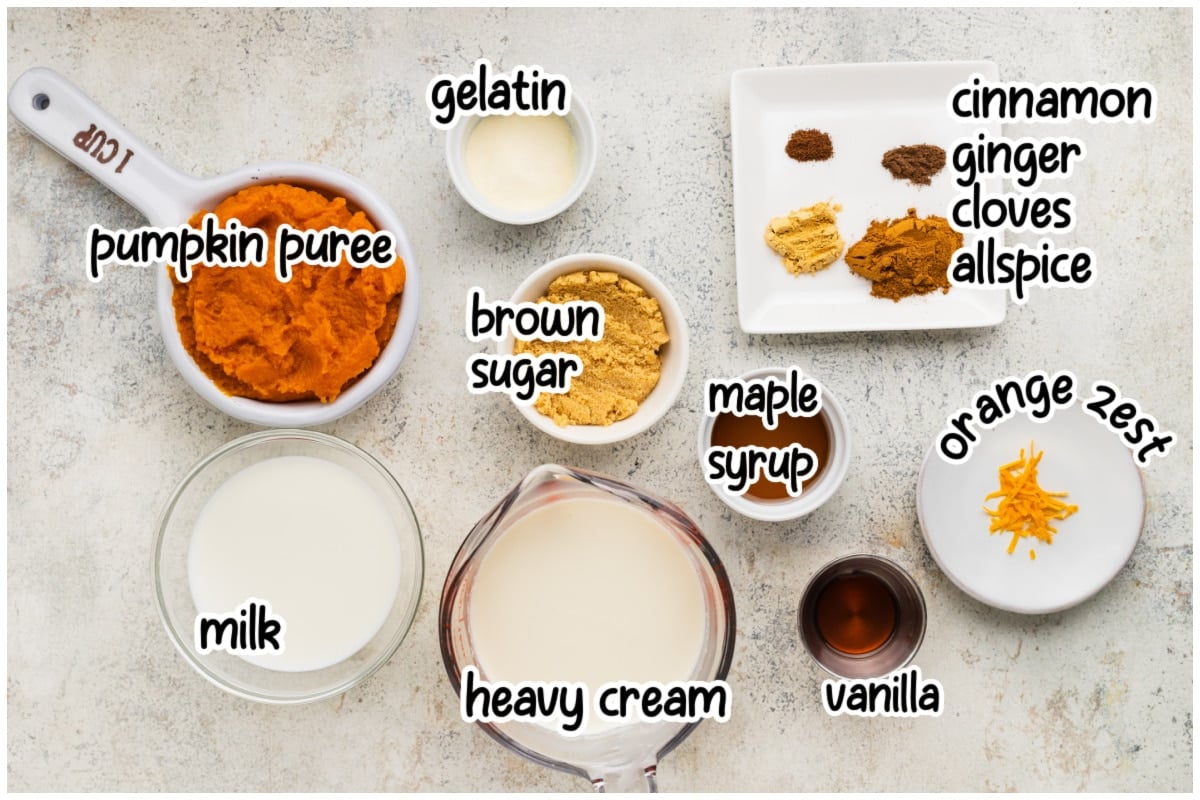 Overhead flat lay of labeled pumpkin panna cotta ingredients