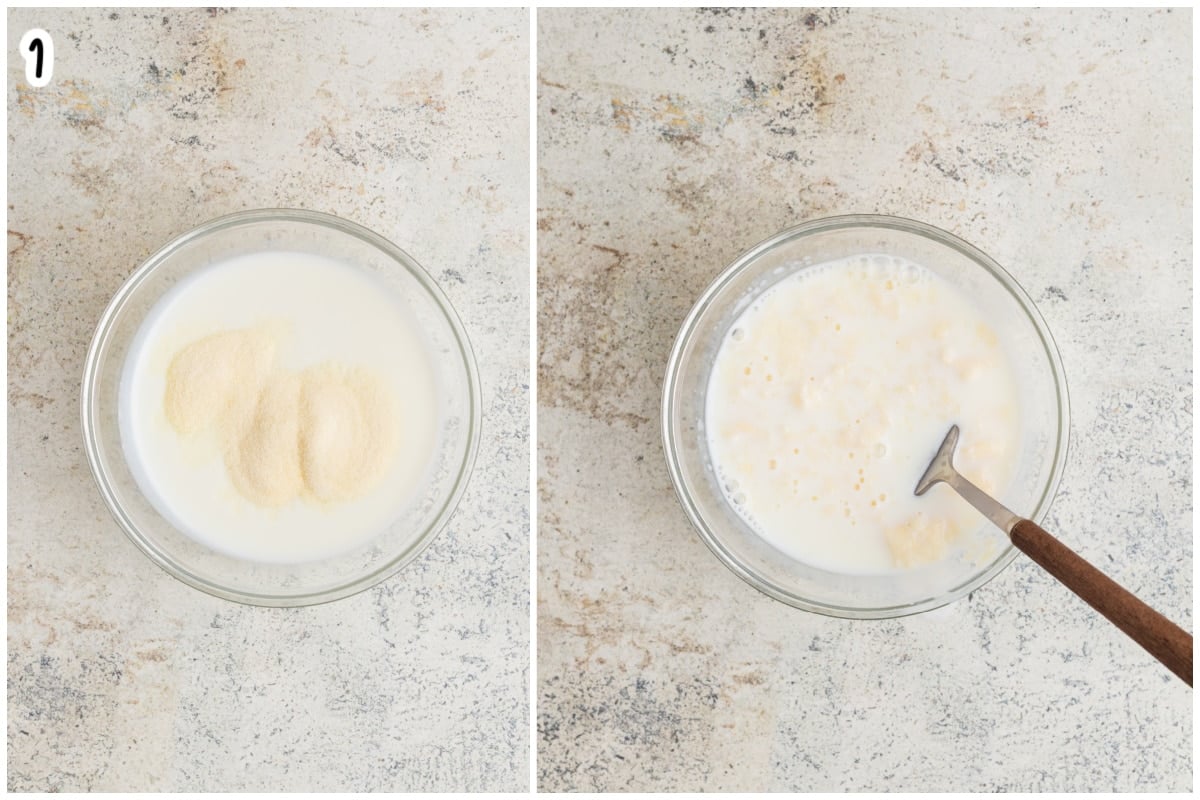 Step 1 process photos showing gelatin sprinkled over milk in a glass bowl, then whisked together to bloom, on a marbled countertop.