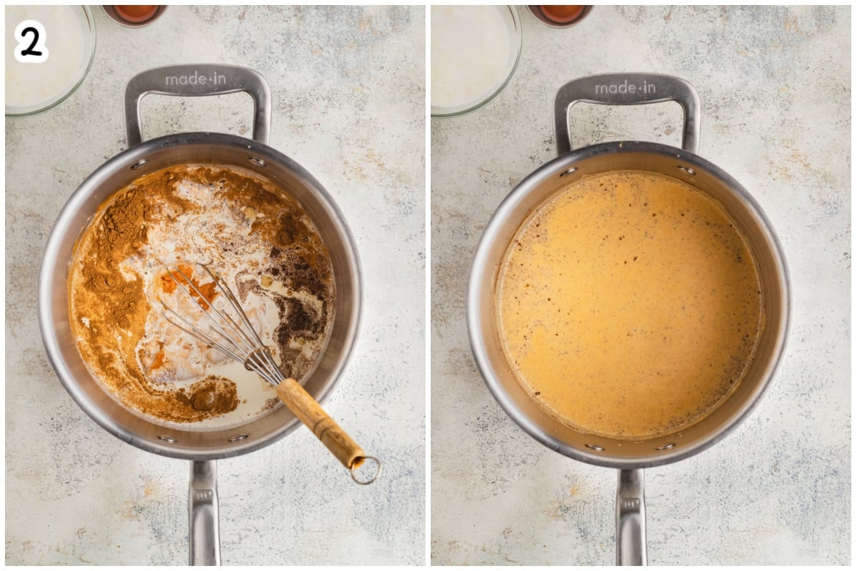 Step 2 process photos showing heavy cream, brown sugar, and warm spices being whisked in a saucepan, then whisked into a smooth spiced cream mixture.