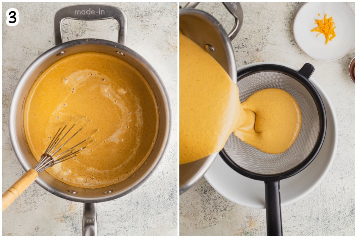 Step 3 process photos showing the pumpkin panna cotta mixture whisked smooth in a saucepan, then poured through a fine mesh strainer into a bowl.