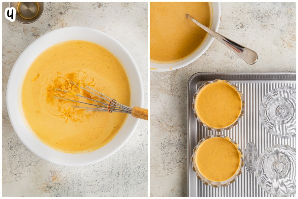 Step 4 process photos showing orange zest and vanilla whisked into the strained pumpkin panna cotta mixture, then the mixture poured into glass cups on a baking sheet.