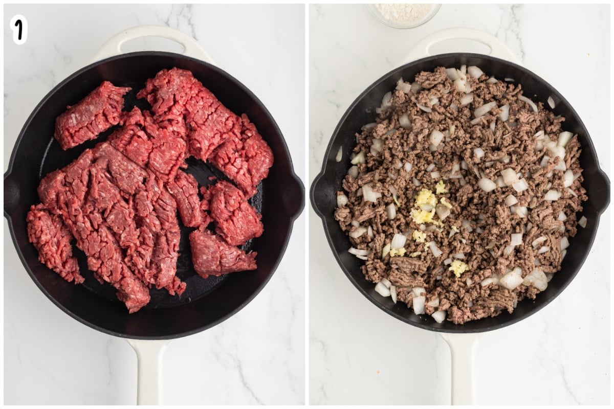 Step 1: ground beef in a skillet, raw on the left and browned with onion and garlic on the right.