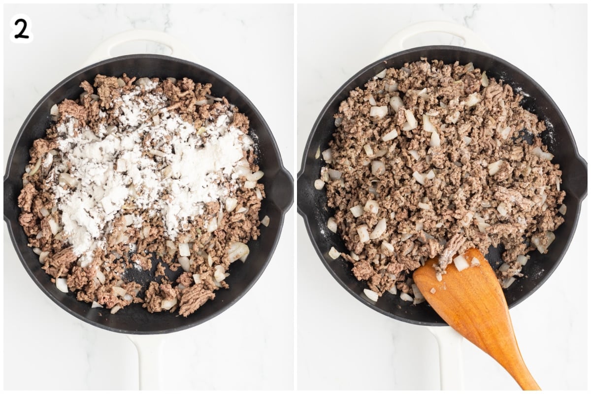Step 2 collage showing flour sprinkled over the browned ground beef mixture in a cast iron skillet on the left, and the same mixture stirred together with on the right.
