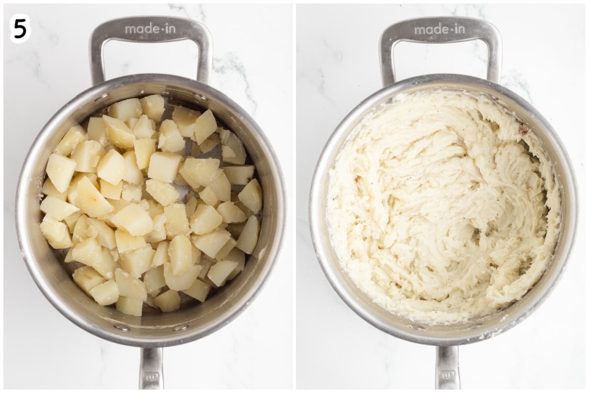 Step 5 collage showing cubed boiled potatoes in a stainless steel pot on the left, and the same pot on the right with the potatoes mashed into a creamy, fluffy mash.