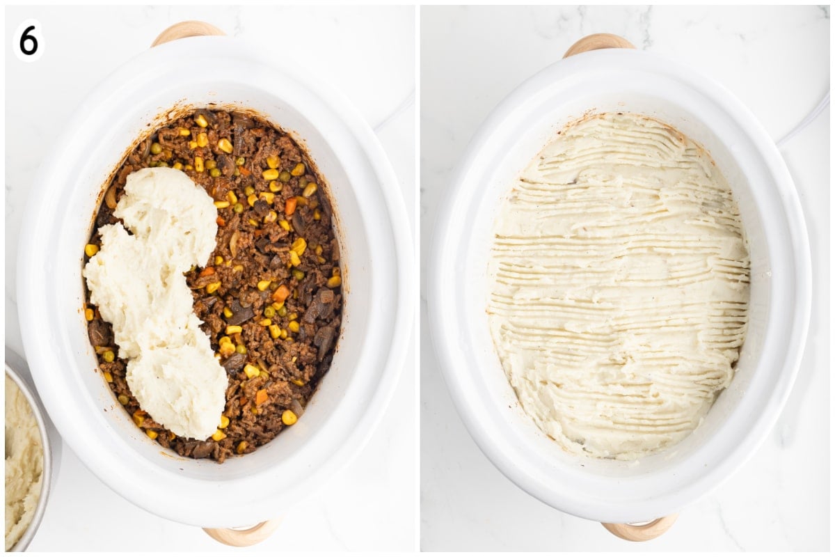 Step 6: mashed potatoes dolloped over the beef filling in a slow cooker, then spread and ridged with a fork.