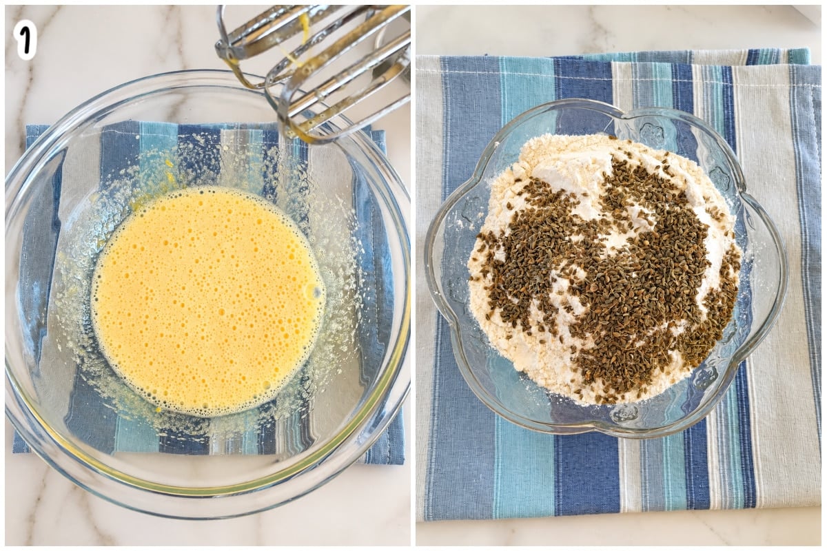 Step 1 of making anise biscotti with a glass bowl on the left with an egg mixture and a bowl of flour and anise seeds on the right side.