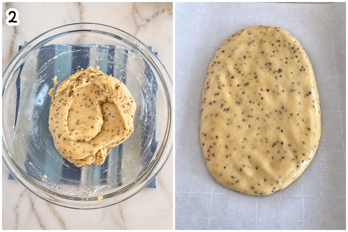 Step 2: anise-seeded biscotti dough in a bowl, then shaped into a flat oval on parchment paper.