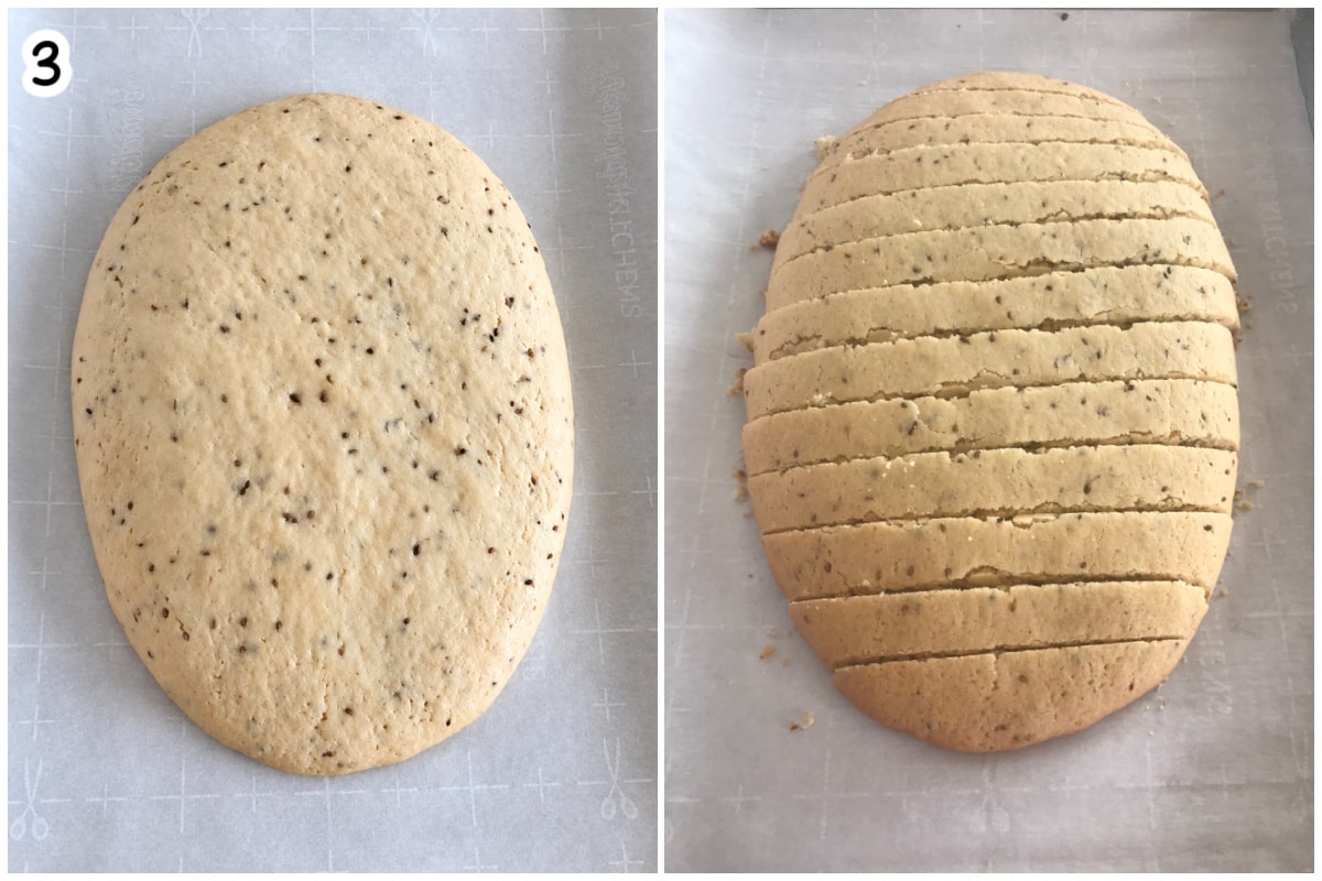 Step 3: baked anise biscotti log on parchment, then sliced into even pieces.