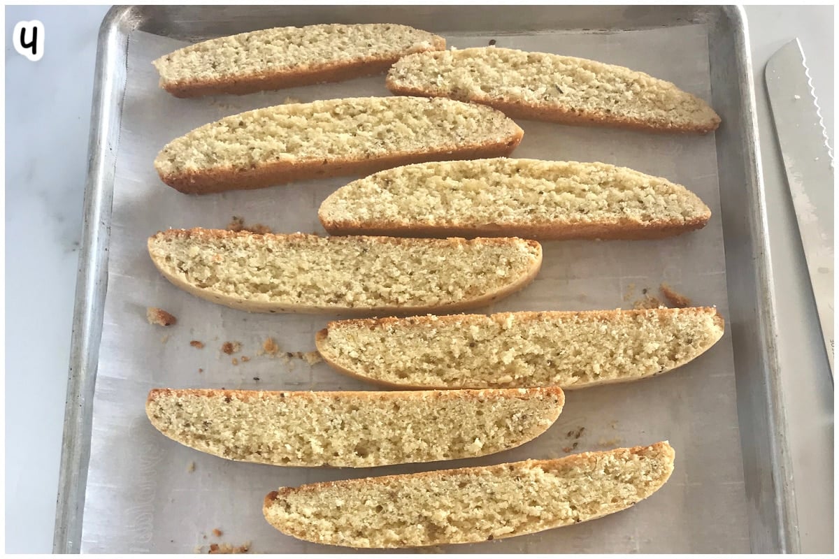 Step 4: sliced anise biscotti arranged cut-side up on a baking sheet.