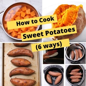 A collage of images for different ways to cook sweet potatoes.