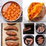 Collage showing sweet potatoes boiled, baked, roasted, microwaved, and cooked in a pressure cooker, air fryer, and slow cooker.