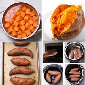 Collage showing sweet potatoes boiled, baked, roasted, microwaved, and cooked in a pressure cooker, air fryer, and slow cooker.