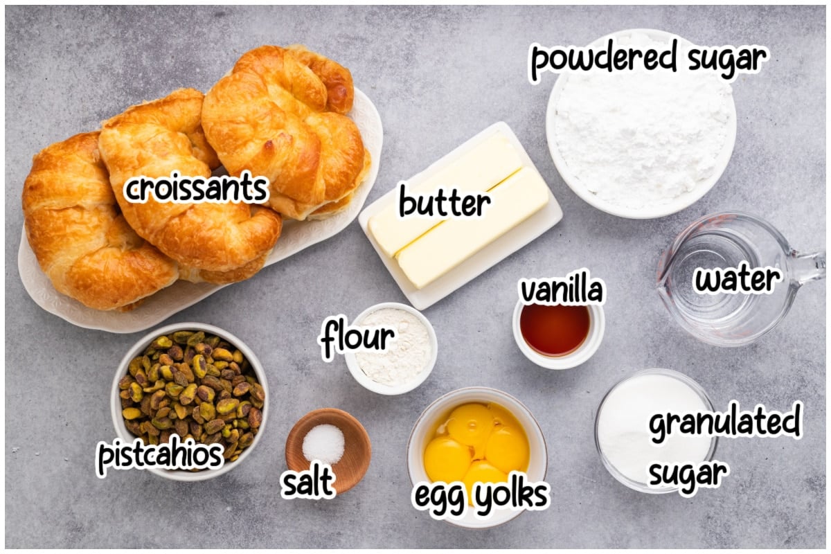 Ingredients for the pistachio croissants with labels.