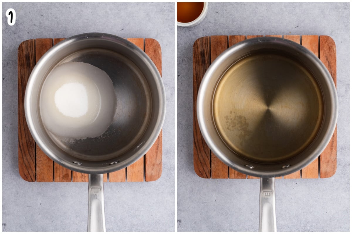 Sugar and water in a saucepan before and after dissolving into a simple syrup.