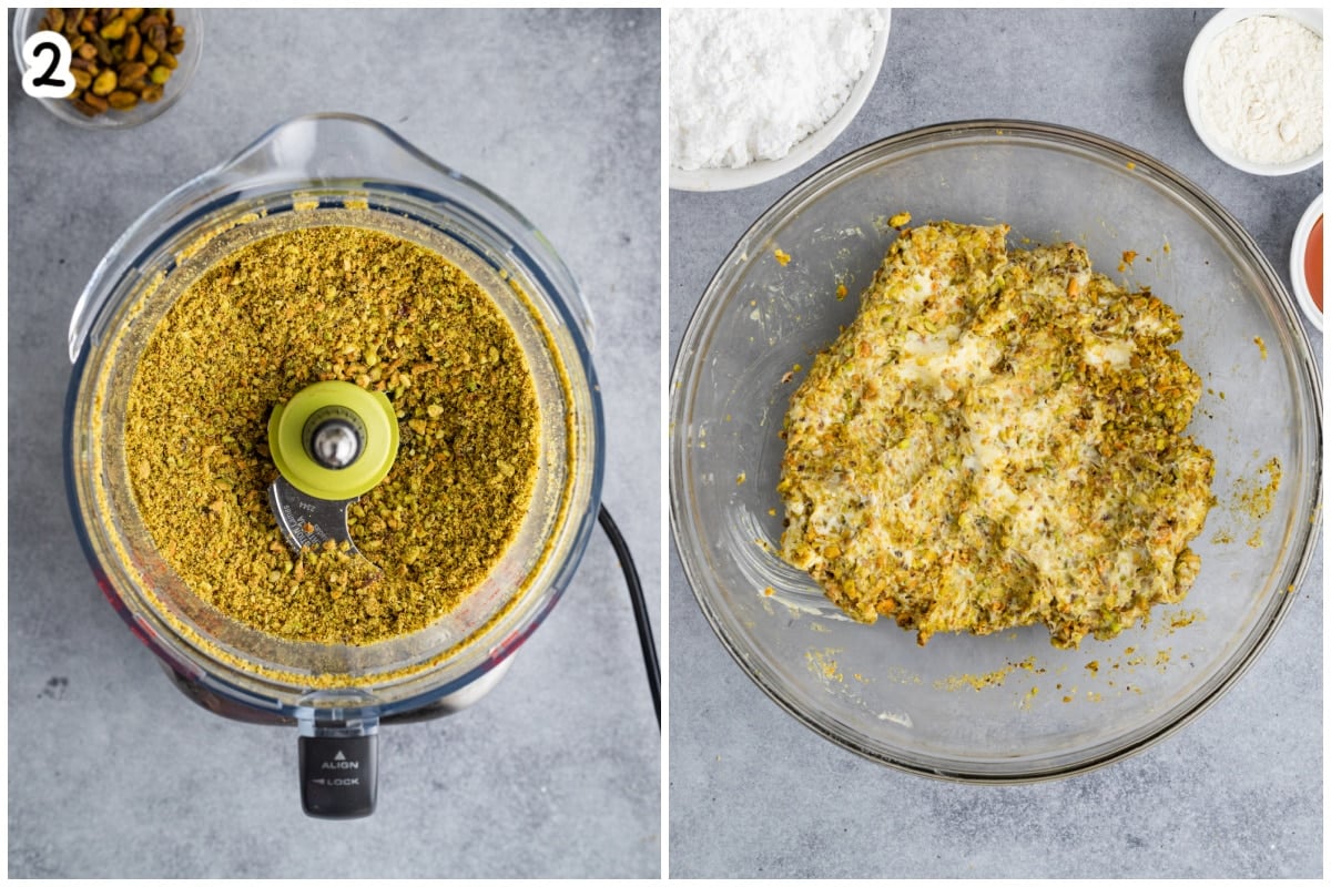 Pistachios ground in a food processor, then mixed with butter and powdered sugar in a glass bowl.