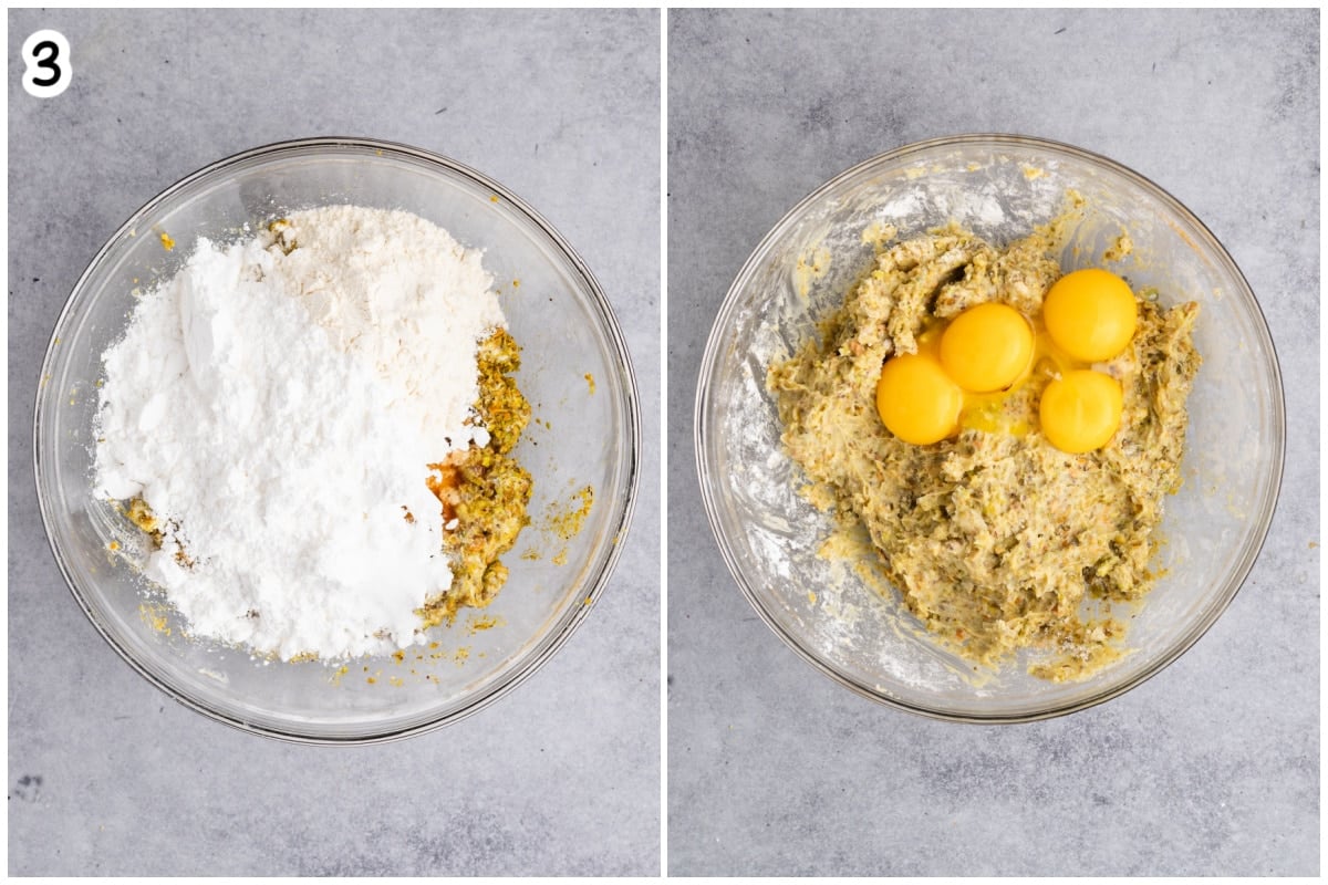 Powdered sugar and flour added to pistachio paste, then four egg yolks added to the mixture.