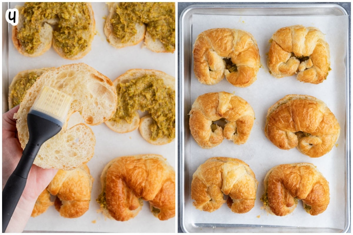 Split croissants brushed and spread with pistachio filling, then reassembled on a baking sheet.