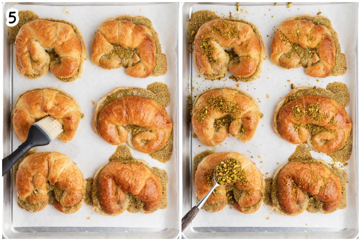 Baked pistachio croissants being brushed with glaze, then topped with crushed pistachios.